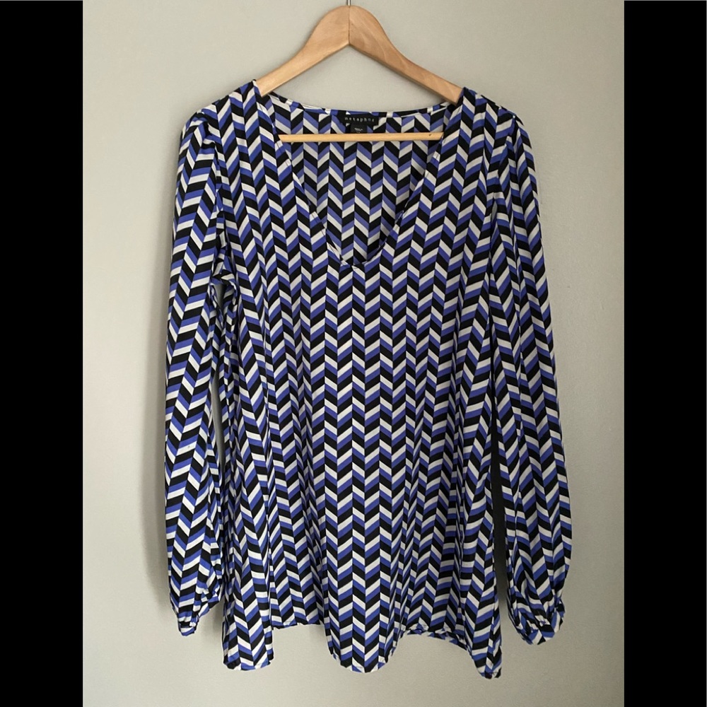 NWOT Metaphor Herringbone blue black white blouse